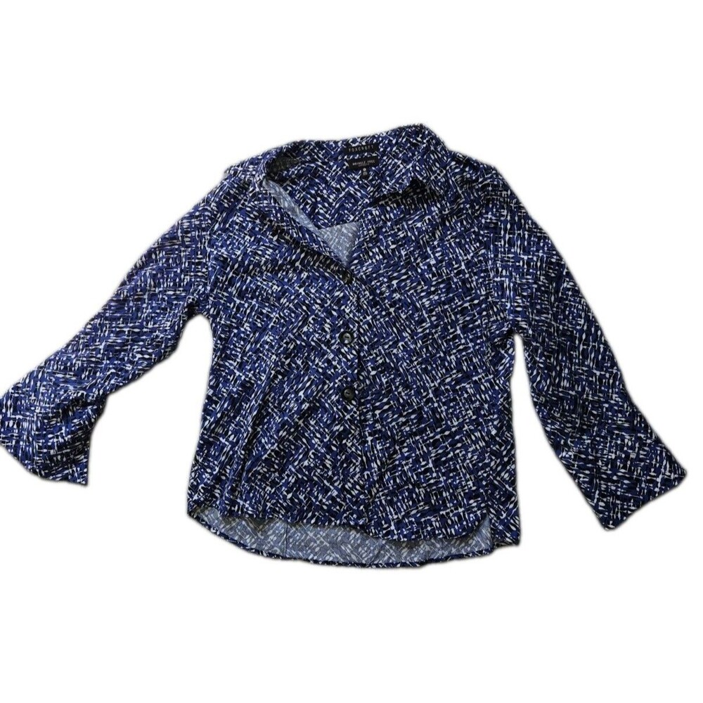 Foxcroft Wrinkle Free Fitted Fit Button Front Shirt Blue Abstract Print 16P EUC